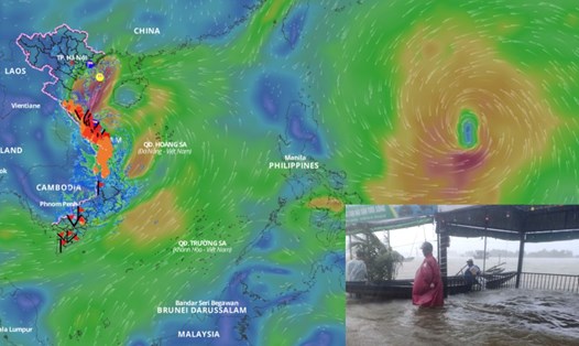 Bão Trà Mi sắp suy yếu thành áp thấp nhiệt đới, kết hợp với không khí lạnh gây mưa ở Trung Bộ. Nguồn: Hệ thống Giám sát thiên tai Việt Nam/Ảnh ghép: An An