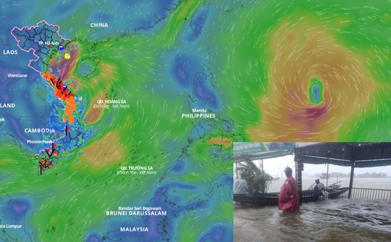 Storm Tra Mi is about to weaken into a tropical depression, combining with cold air to cause rain in the Central region. Source: Vietnam Disaster Monitoring System/Photo collage: An An