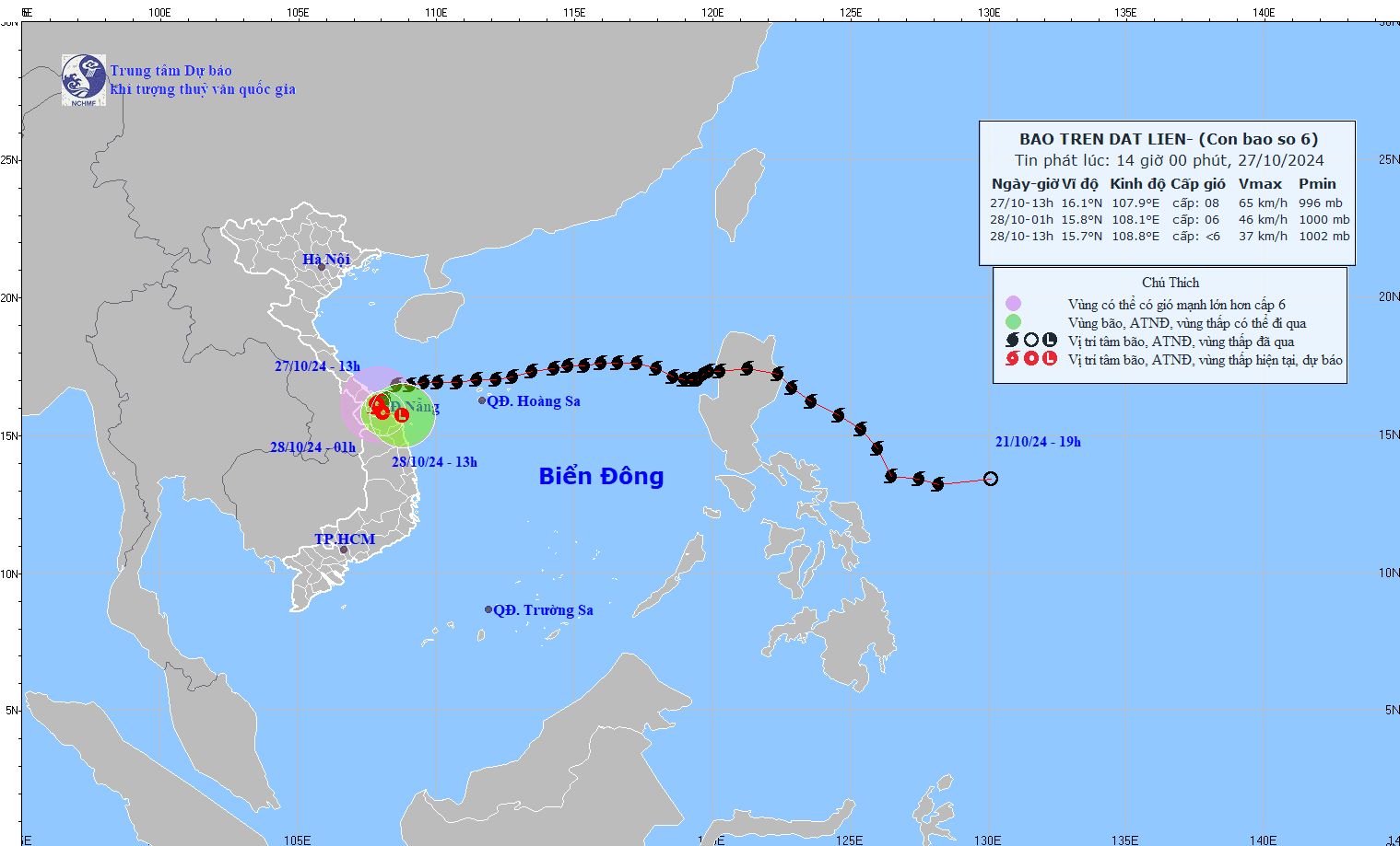 Cap nhat duong di cua bao Tra Mi hoi 14h ngay 27.10. Anh: Trung tam Du bao Khi tuong Thuy van Quoc gia