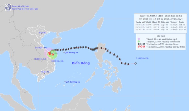 Location and direction of storm No. 6 Tra Mi on the afternoon of October 27. Photo: National Center for Hydro-Meteorological Forecasting