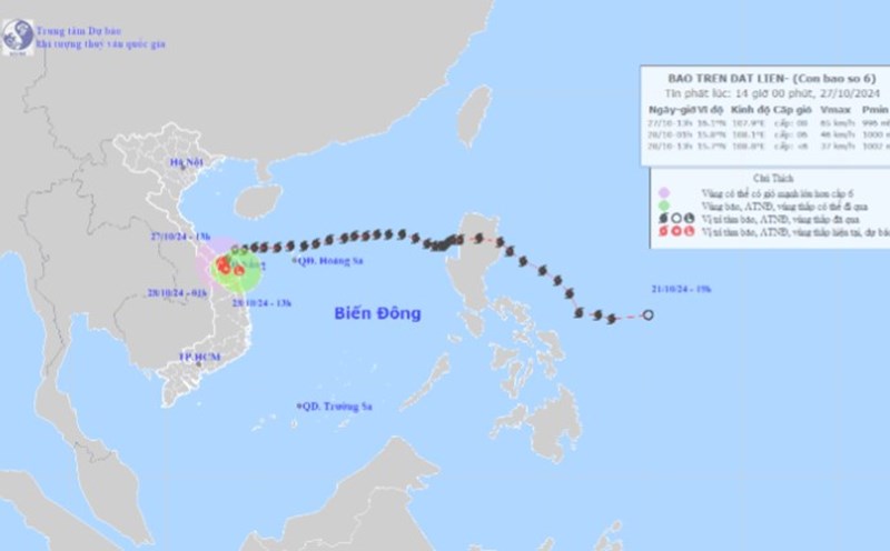 Location and direction of storm No. 6 Tra Mi on the afternoon of October 27. Photo: National Center for Hydro-Meteorological Forecasting