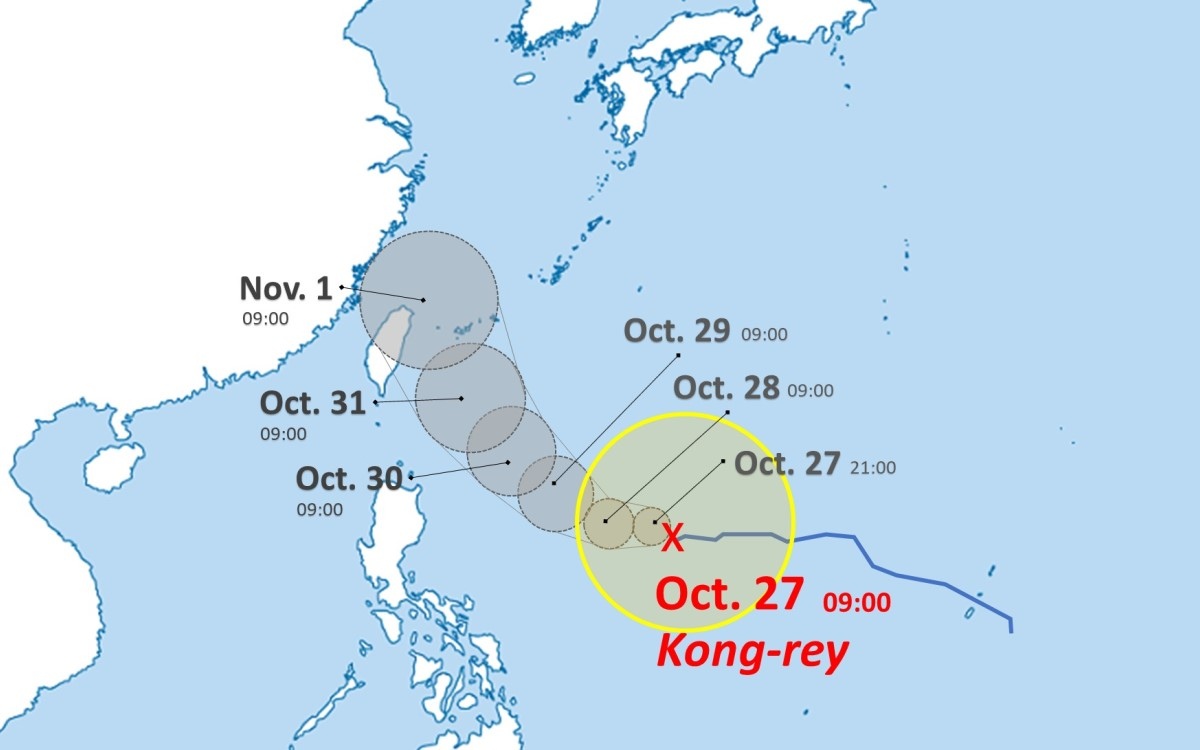 Du bao huong di chuyen cua bao Kong-rey, con bao moi hinh thanh ngay sau bao Tra Mi (ten quoc te Trami). Anh: Japan News