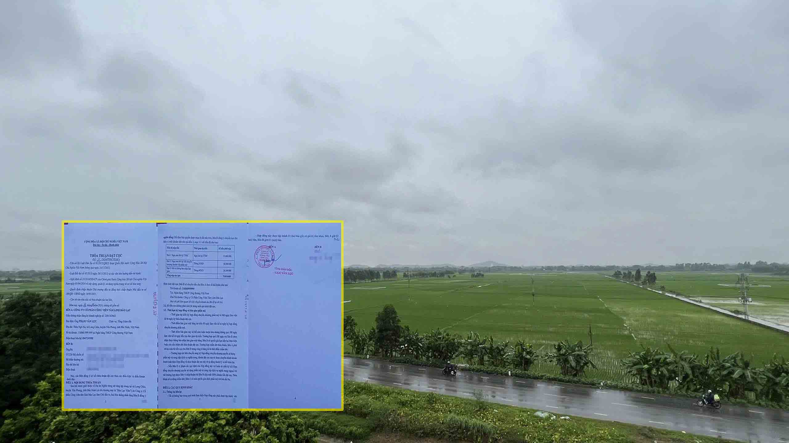 Hiện trạng dự án nghĩa trang xã Long Châu (Bắc Ninh) và hình ảnh một số trang trong hợp đồng thỏa thuận chủ đầu tư ký với khách hàng. Ảnh: Vân Trường
