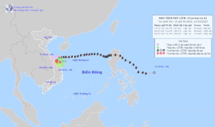 Vi tri va duong di cua bao so 6 vao luc 16h ngay 27.10. Anh: Trung tam Khi tuong Thuy van quoc gia 