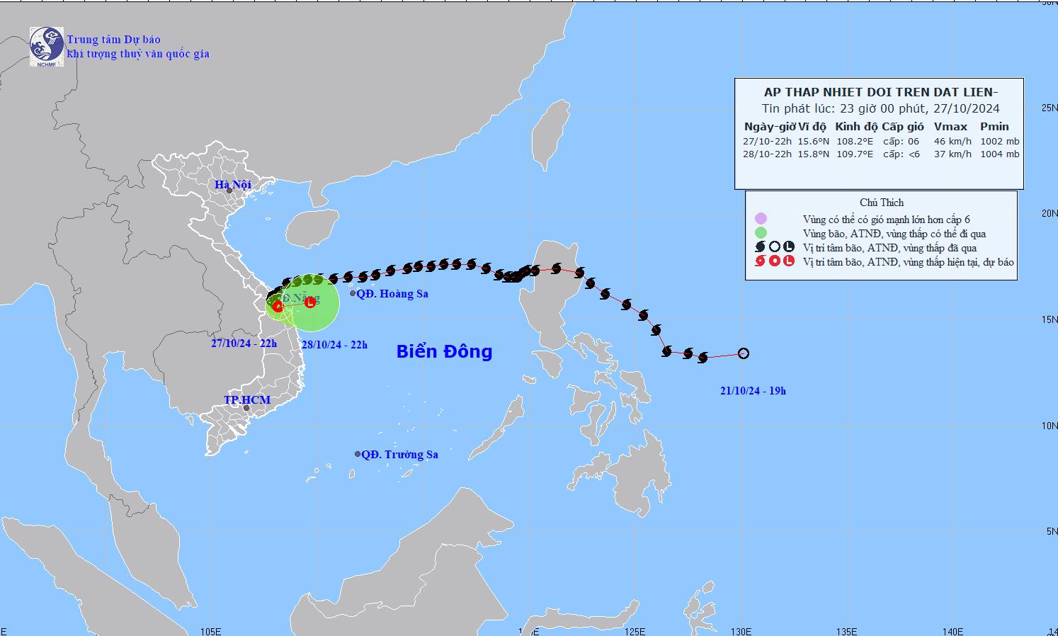 Ap thap nhiet doi quay dau, suy yeu sau khi tien vao mien Trung. Anh: Trung tam Du bao Khi tuong Thuy van quoc gia