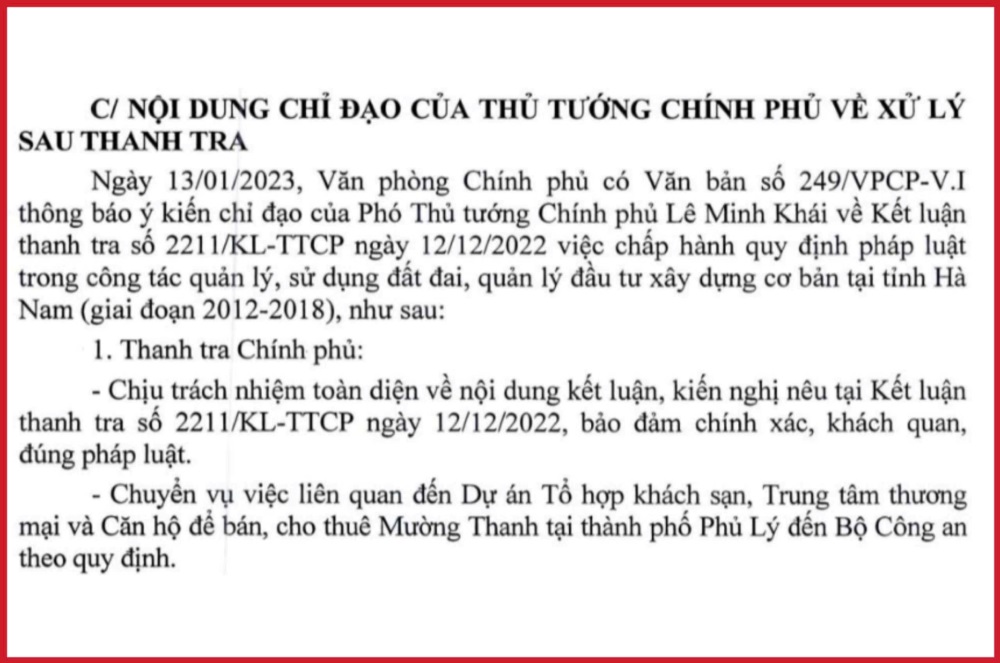 Lanh dao Chinh phu yeu cau chuyen vu viec lien quan den Du an To hop cua Muong Thanh tai TP Phu Ly, Ha Nam den Bo Cong an theo quy dinh. Anh: Thong bao Ket luan thanh tra cua Thanh tra Chinh phu