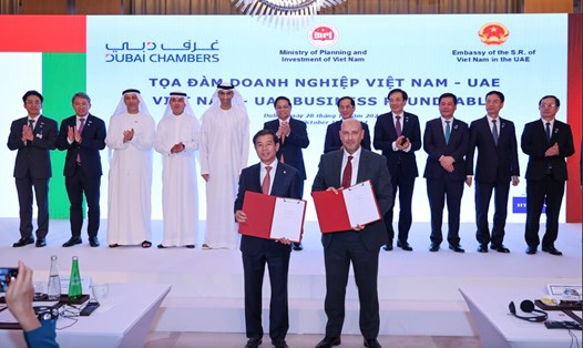 Thủ tướng Chính phủ Phạm Minh Chính và các đại biểu chứng kiến lễ trao 10 văn kiện hợp tác giữa các doanh nghiệp Việt Nam - UAE. Ảnh: VGP