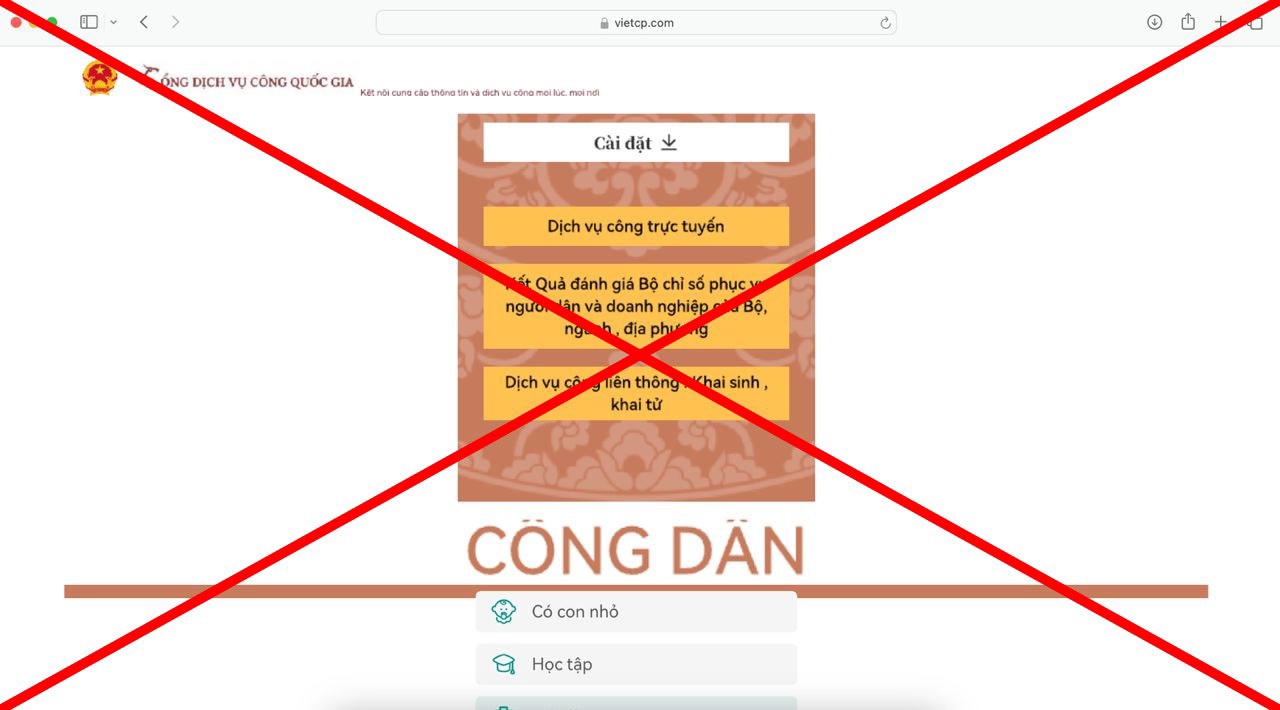 Website giả mạo Dịch vụ công Quốc gia để lừa đảo.