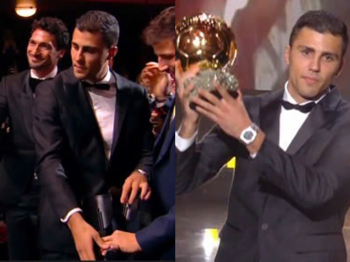 Midfielder Rodri used crutches at the 2024 Ballon d'Or award ceremony. Photo cut from video