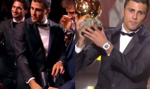 Tiền vệ Rodri sử dụng nạng tại buổi nhận danh hiệu Quả bóng vàng 2024. Ảnh cắt từ video