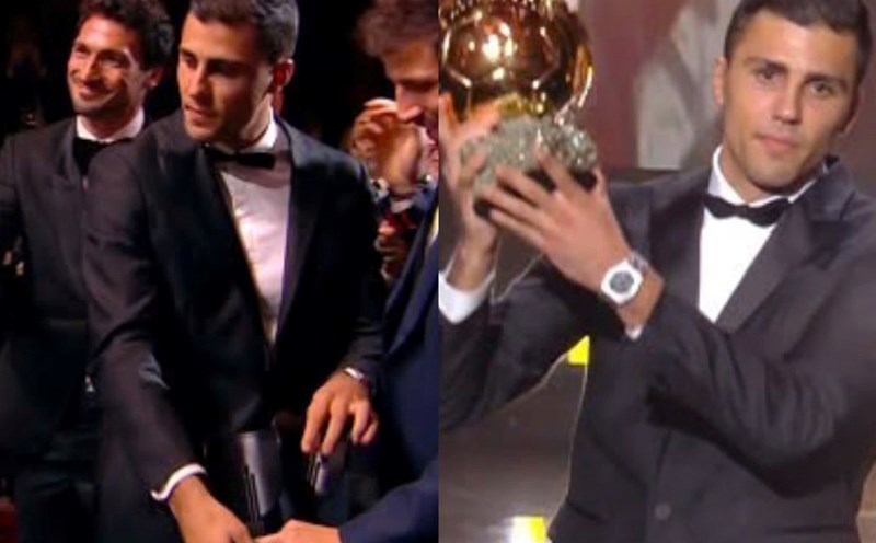 Midfielder Rodri used crutches at the 2024 Ballon d'Or award ceremony. Photo cut from video