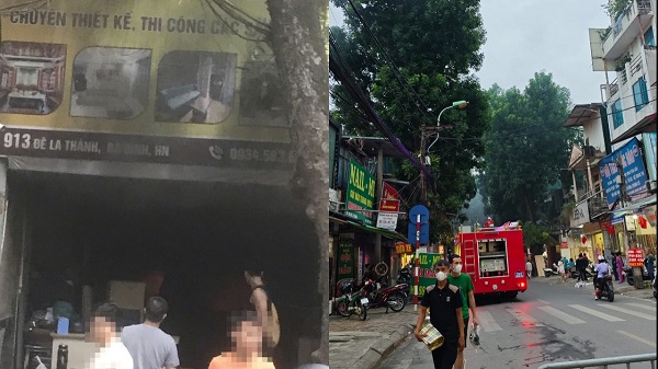 Authorities quickly handle a fire at a furniture store in De La Thanh. Photo: Duc Nam