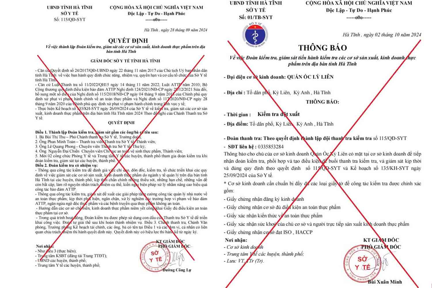 2 văn bản giả mạo mà Sở Y tế Hà Tĩnh vừa phát hiện. Ảnh: Trần Tuấn.