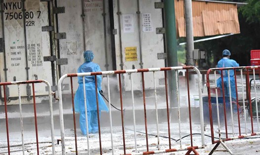 Lực lượng chức năng khử trùng khu vực đang bảo quản 20 cá thể hổ Bengal và 1 cá thể báo đen ở khu du lịch Vườn Xoài. Ảnh: HAC