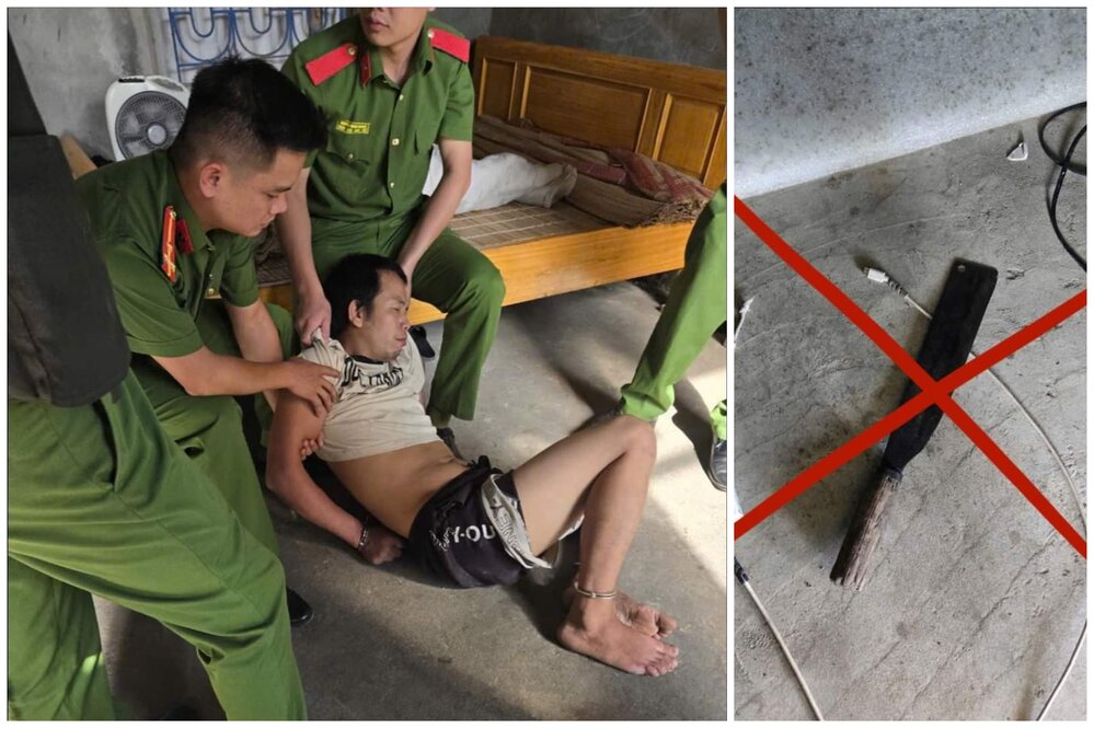 Lực lượng Công an đồng loạt tiếp cận, quật ngã, khống chế, bắt giữ và tước hung khí là con dao dài 40cm từ tay đối tượng tâm thần, giải cứu cháu M. Ảnh: Công an tỉnh Phú Thọ.