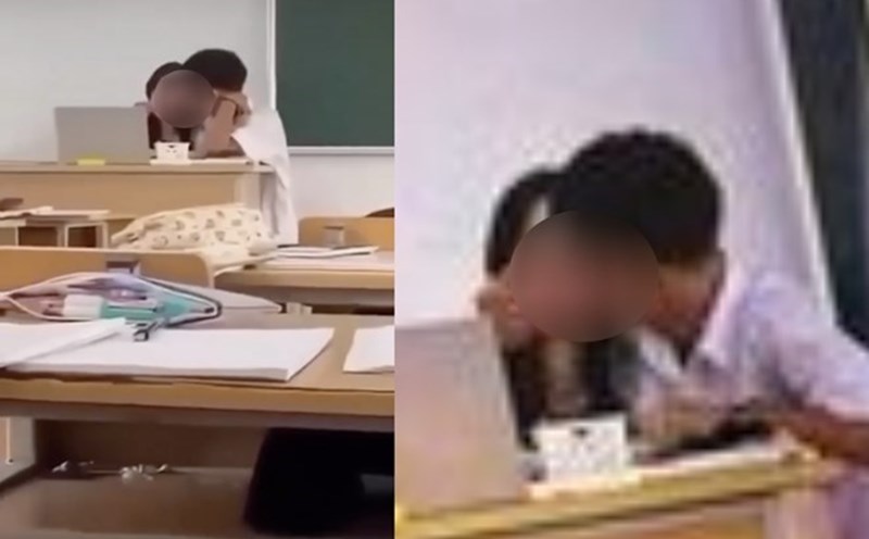 Hình ảnh giáo viên và nam học sinh có cử chỉ thân mật tại Trường THPT Thạch Bàn (quận Long Biên, Hà Nội) hiện đang lan truyền trên mạng xã hội. Ảnh: Chụp từ clip trên mạng xã hội