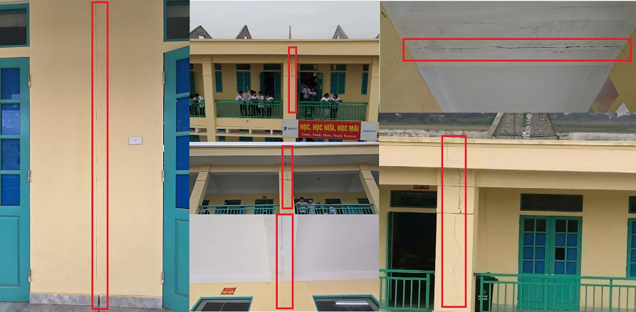 Vết nứt thực chất là điểm ghép nối giữ 2 đơn nguyên phụ, theo lý giải của đại diện lãnh đạo nhà trường. Ảnh: Nam Hồng