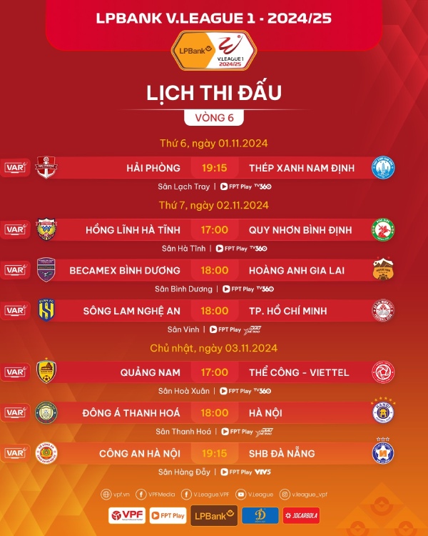 Lich thi dau vong 6 V.League 2024-2025. Anh: VPF