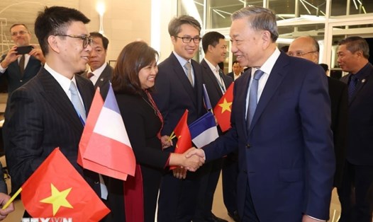 Cán bộ, nhân viên Đại sứ quán Việt Nam đón Tổng Bí thư, Chủ tịch nước Tô Lâm tại sân bay Orly ở thủ đô Paris, Pháp. Ảnh: TTXVN