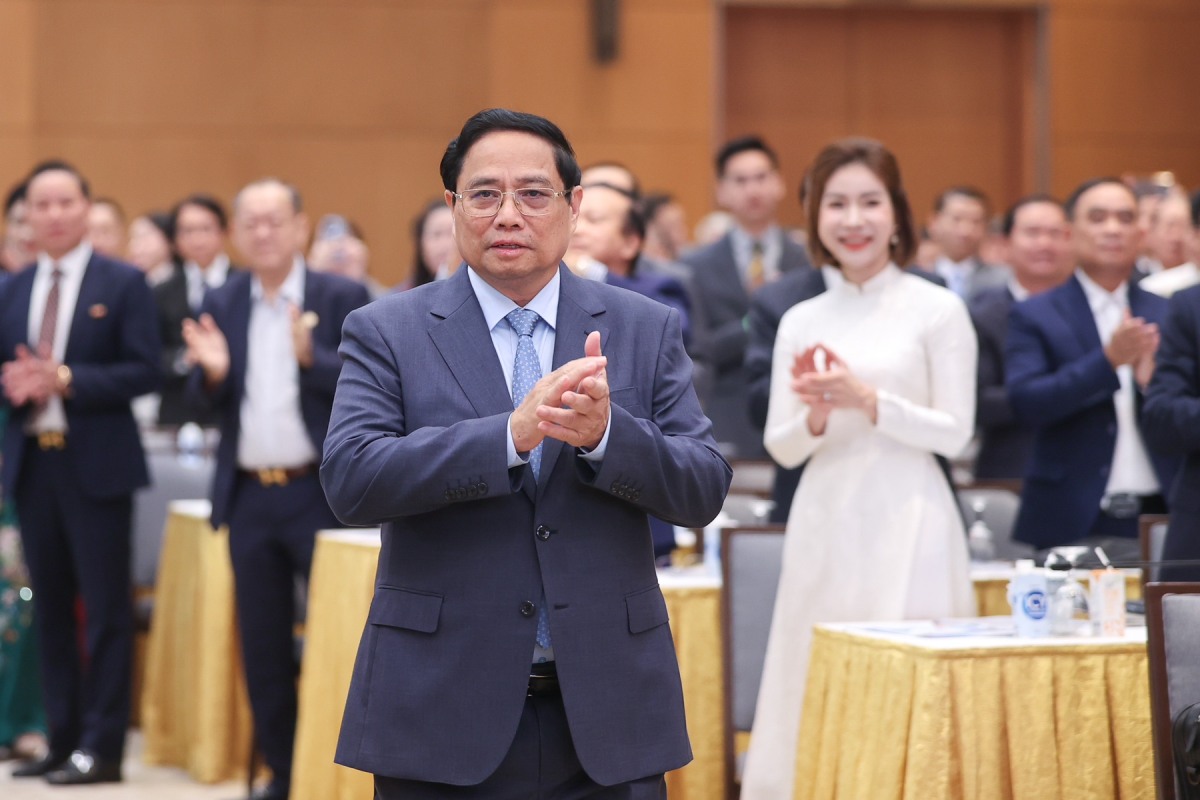 Thủ tướng Chính phủ Phạm Minh Chính tham dự cuộc gặp mặt các đại diện doanh nghiệp nhân ngày Doanh nhân Việt Nam. Ảnh: VGP