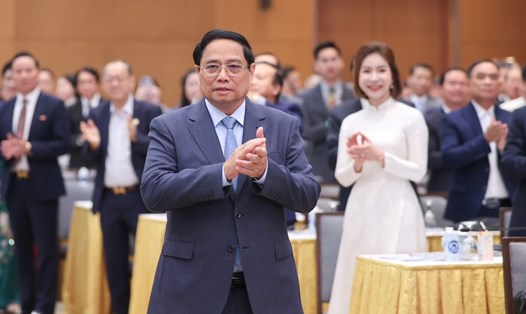 Thủ tướng Chính phủ Phạm Minh Chính tham dự cuộc gặp mặt các đại diện doanh nghiệp nhân ngày Doanh nhân Việt Nam. Ảnh: VGP