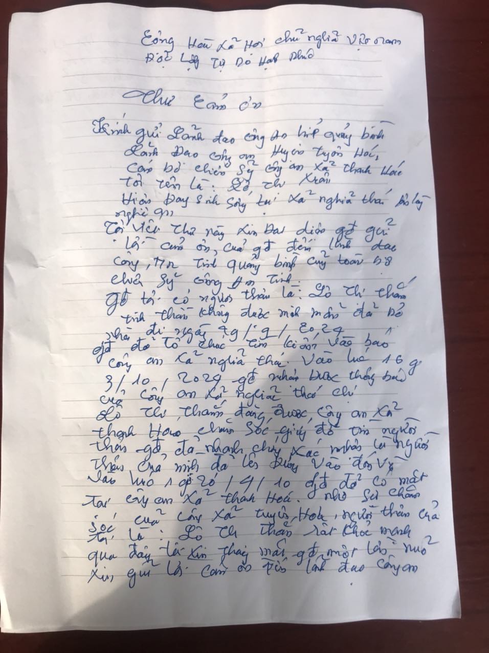 Content of Ms. Lo Thi Xuan's thank you letter to the police force. Photo: Quang Binh Police