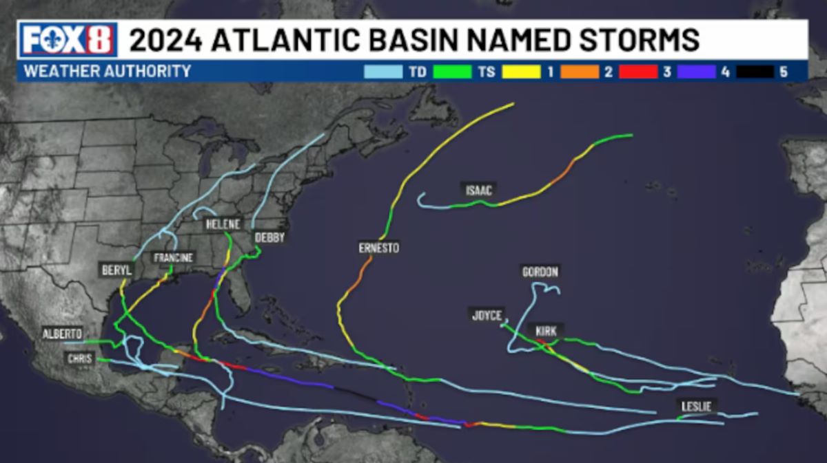 Mùa bão 2024 đã có 12 cơn bão được đặt tên tính đến ngày 4.10.2024. Ảnh: WVUE Fox 8