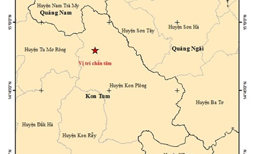 Vị trí 1 trận động đất xảy ra tại huyện Kon Plông, Kon Tum trong ngày cuối tuần (5.10). Ảnh: Viện Vật lý Địa cầu.