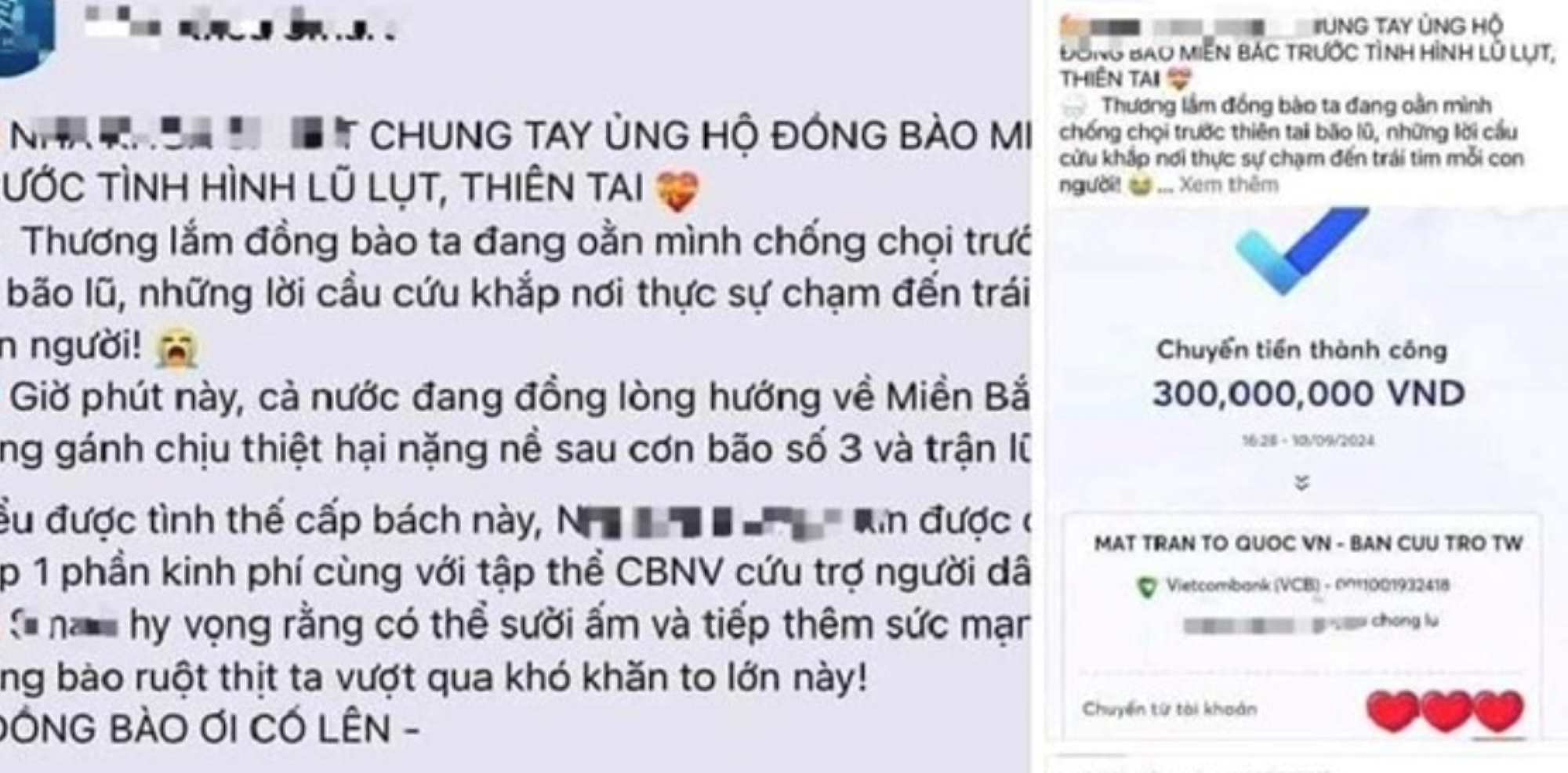 Hình ảnh một cá nhân khoe ủng hộ số tiền lớn cho người dân bị thiệt hại do bão lũ nhưng thực tế ít hơn nhiều. Ảnh: Dũng Việt