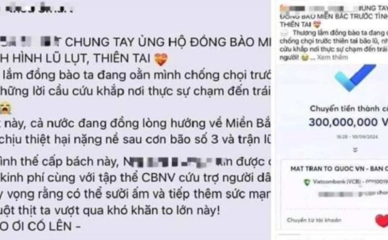 Hình ảnh một cá nhân khoe ủng hộ số tiền lớn cho người dân bị thiệt hại do bão lũ nhưng thực tế ít hơn nhiều. Ảnh: Dũng Việt