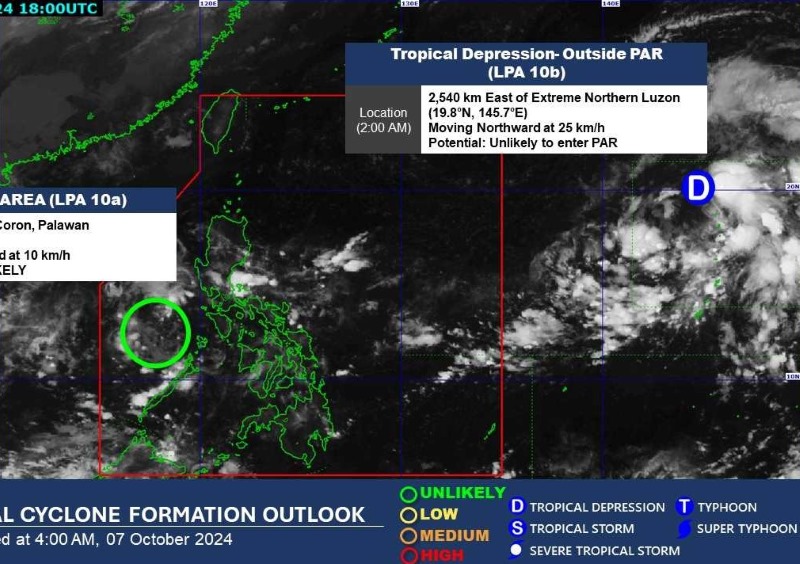 PAGASA dang theo doi ap thap ben trong PAR va ap thap nhiet doi (D) ben ngoai PAR. Anh: PAGASA