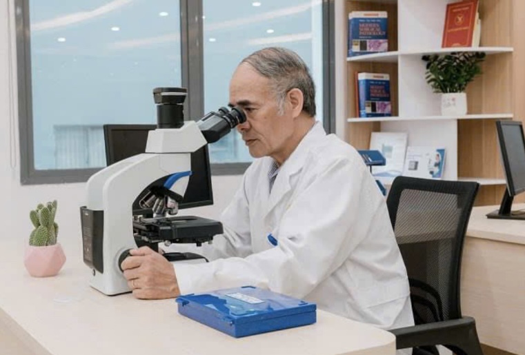 Chuyên gia phân tích kết quả hóa mô miễn dịch của bệnh nhân ung thư. Ảnh: BVCC 