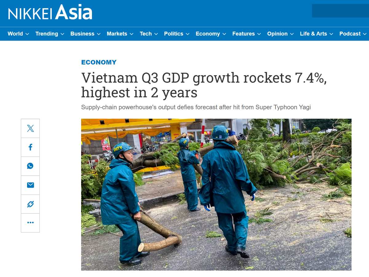 Bài viết trên Nikkei Asia về GDP quý III năm 2024 của Việt Nam. Ảnh chụp màn hình