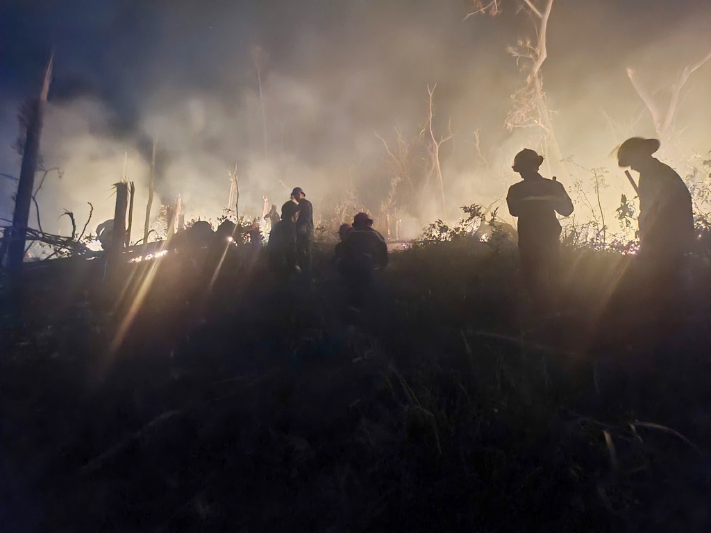 Forces participating in fighting forest fires in areas from zone 5 to zone 7, Hong Ha ward, Ha Long city on the evening of October 4, 2024. Photo: Thanh Tung