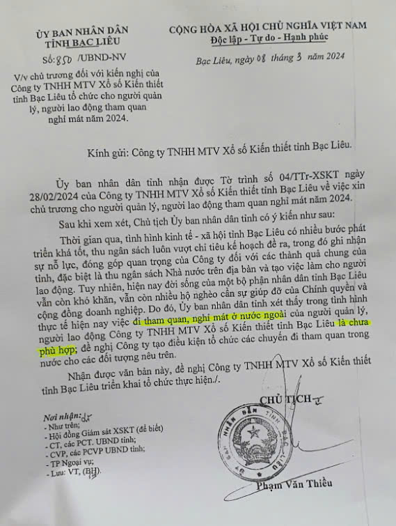 Van ban khong dong y cho Cong ty XSKT Bac Lieu to chuc tham quan, nghi mat nuoc ngoai do Chu tich UBND tinh ky ngay 8.3.20224. Anh: Nhat Ho