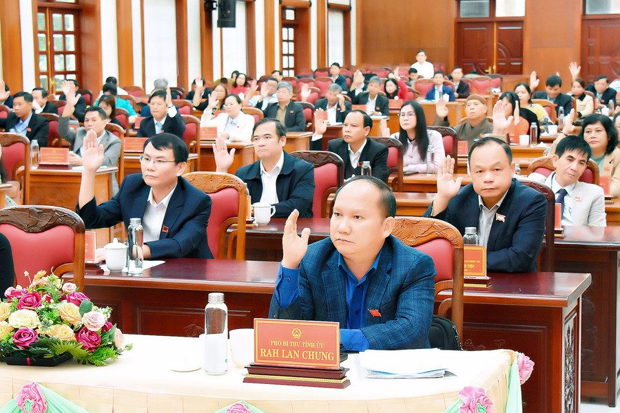 Đại biểu thông qua Nghị quyết về tán thành chủ trương sắp xếp đơn vị hành chính cấp huyện, cấp xã của tỉnh Gia Lai. Ảnh: Gialai.gov.vn

