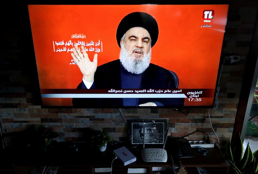 Cựu thủ lĩnh Hezbollah Hassan Nasrallah trong một lần phát biểu trên truyền hình. Ảnh: Xinhua