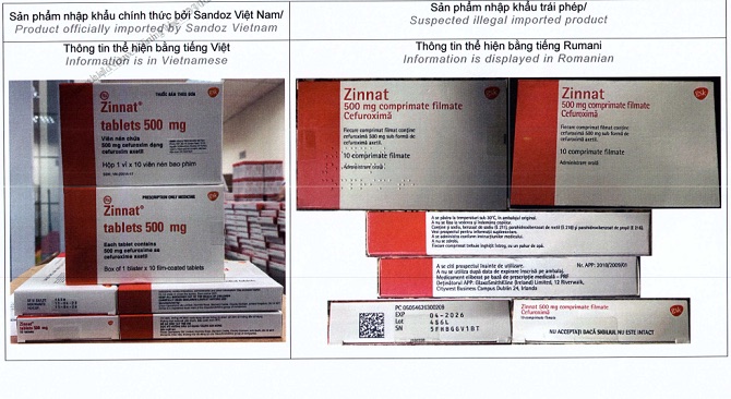 Image of officially imported Zinnat tablets 500mg and products suspected of unknown origin. Photo: Hanoi Department of Health