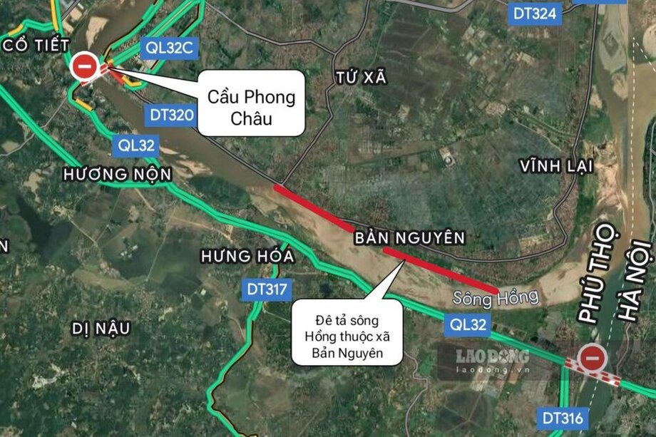 Phu Tho invites bids for a 66 billion VND package to handle landslides on the Red River bank. Photo of the Red River bank in Ban Nguyen commune on Google Maps background: To Cong.