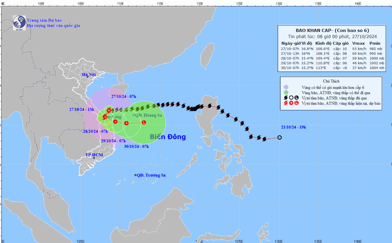 The path of storm Tra Mi on October 27. Photo: National Center for Hydro-Meteorological Forecasting