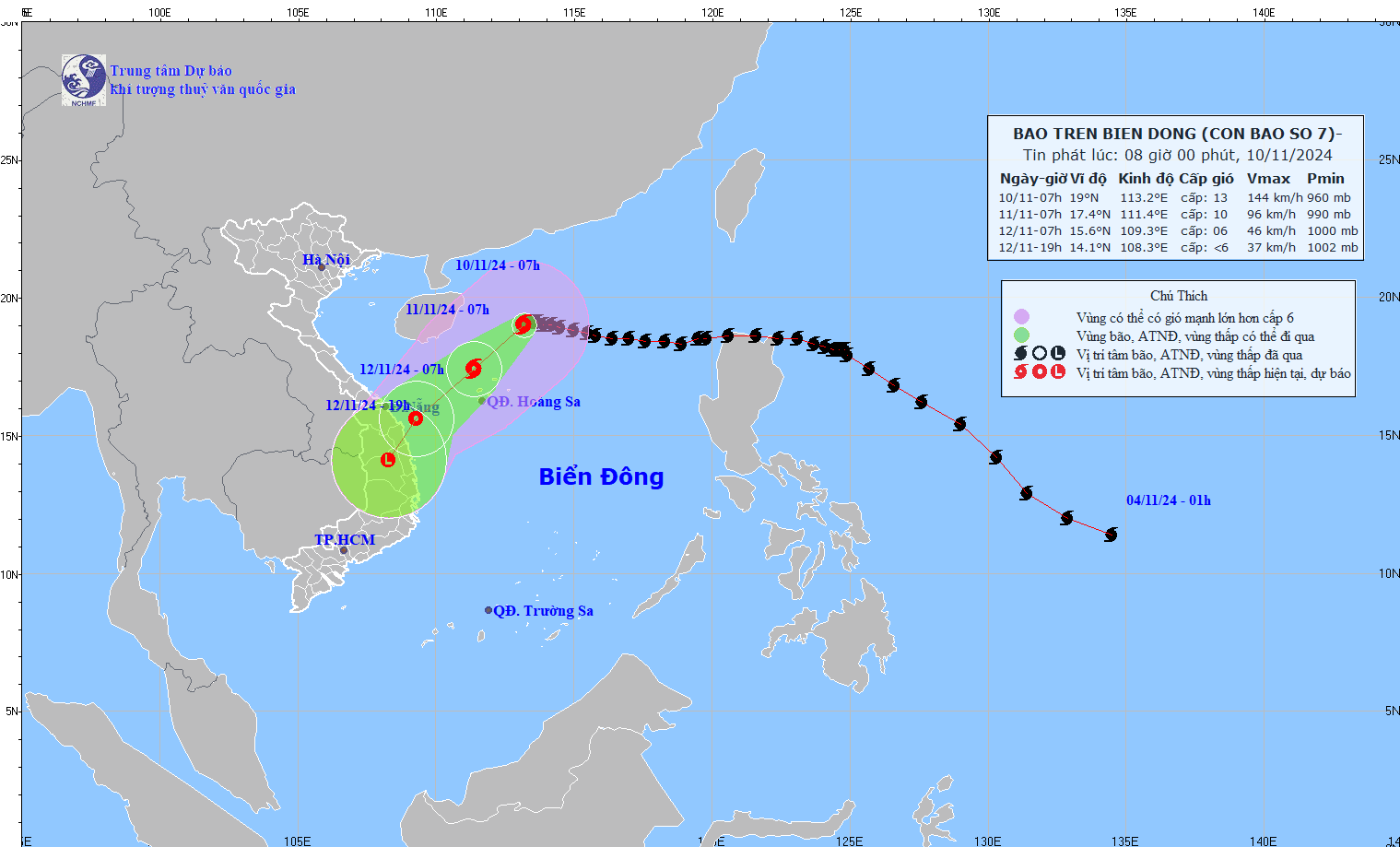 Cap nhat vi tri va duong di cua bao so 7 hoi 7 gio ngay 10.11. Anh: Trung tam Du bao Khi tuong Thuy van Quoc gia 