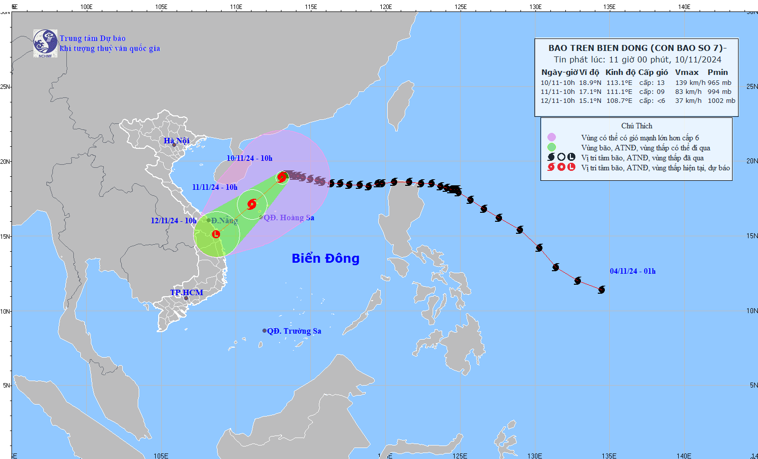 Cap nhat vi tri va duong di cua bao so 7 hoi 10 gio ngay 10.11. Anh: Trung tam Du bao Khi tuong Thuy van Quoc gia 