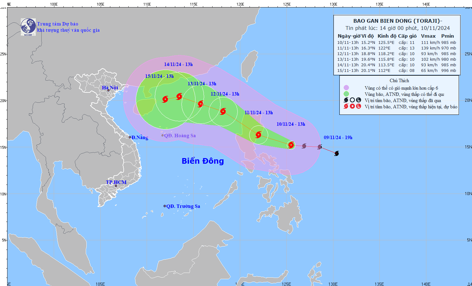 Updated location and path of storm Toraji at 1 p.m. on November 10. Photo: National Center for Hydro-Meteorological Forecasting