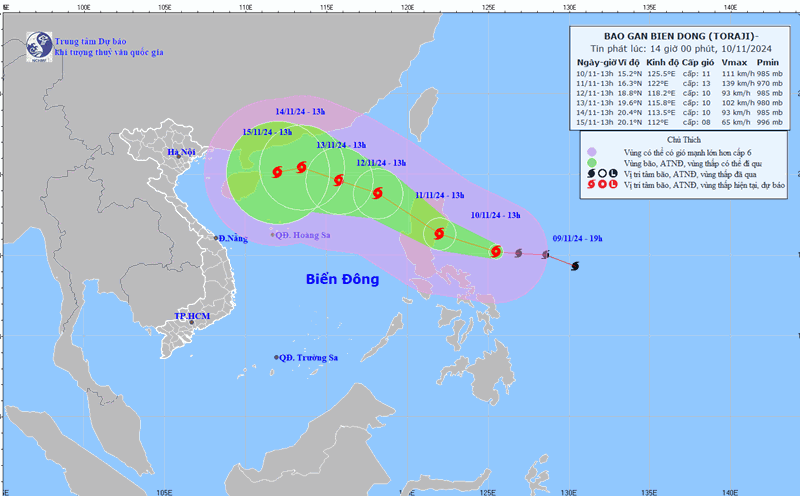 Updated location and path of storm Toraji at 1 p.m. on November 10. Photo: National Center for Hydro-Meteorological Forecasting