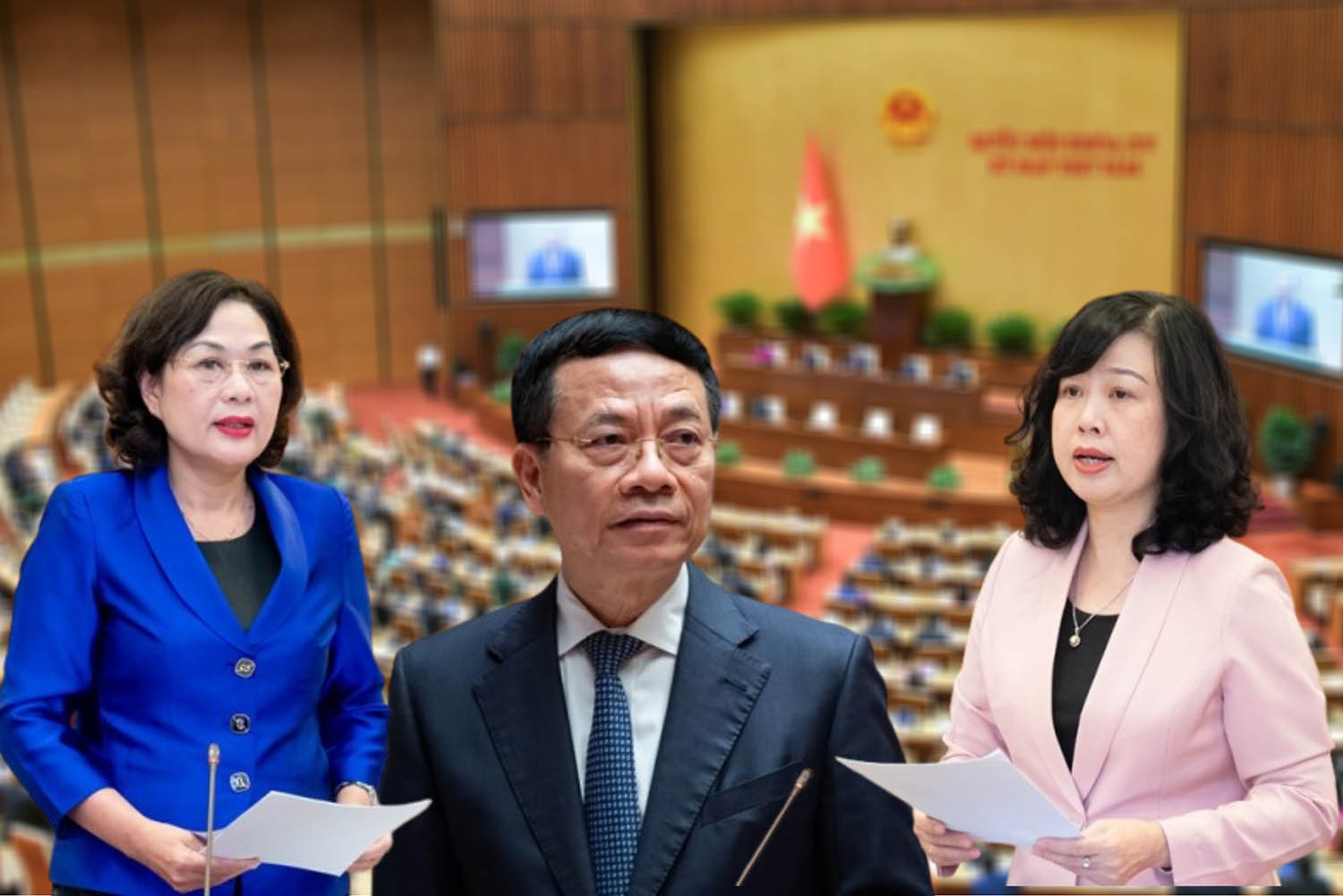 Governor of the State Bank Nguyen Thi Hong, Minister of Information and Communications Nguyen Manh Hung and Minister of Health Dao Hong Lan (from left to right) will answer questions at the 8th session of the 15th National Assembly. Photo: Pham Dong
