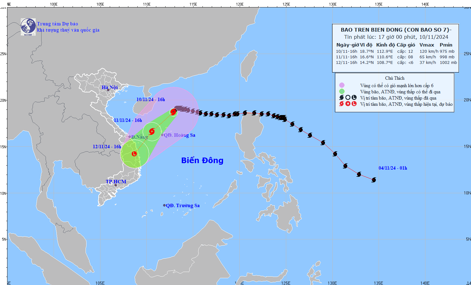 Cap nhat vi tri va duong di cua bao so 7 hoi 16 gio ngay 10.11. Anh: Trung tam Du bao Khi tuong Thuy van Quoc gia 