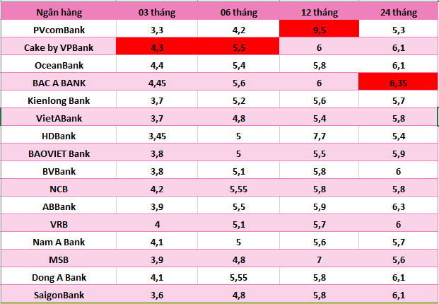 Top ngan hang co lai suat cao tren thi truong hien nay. So lieu ghi nhan ngay 12.11.2024. Bang: Ha Vy