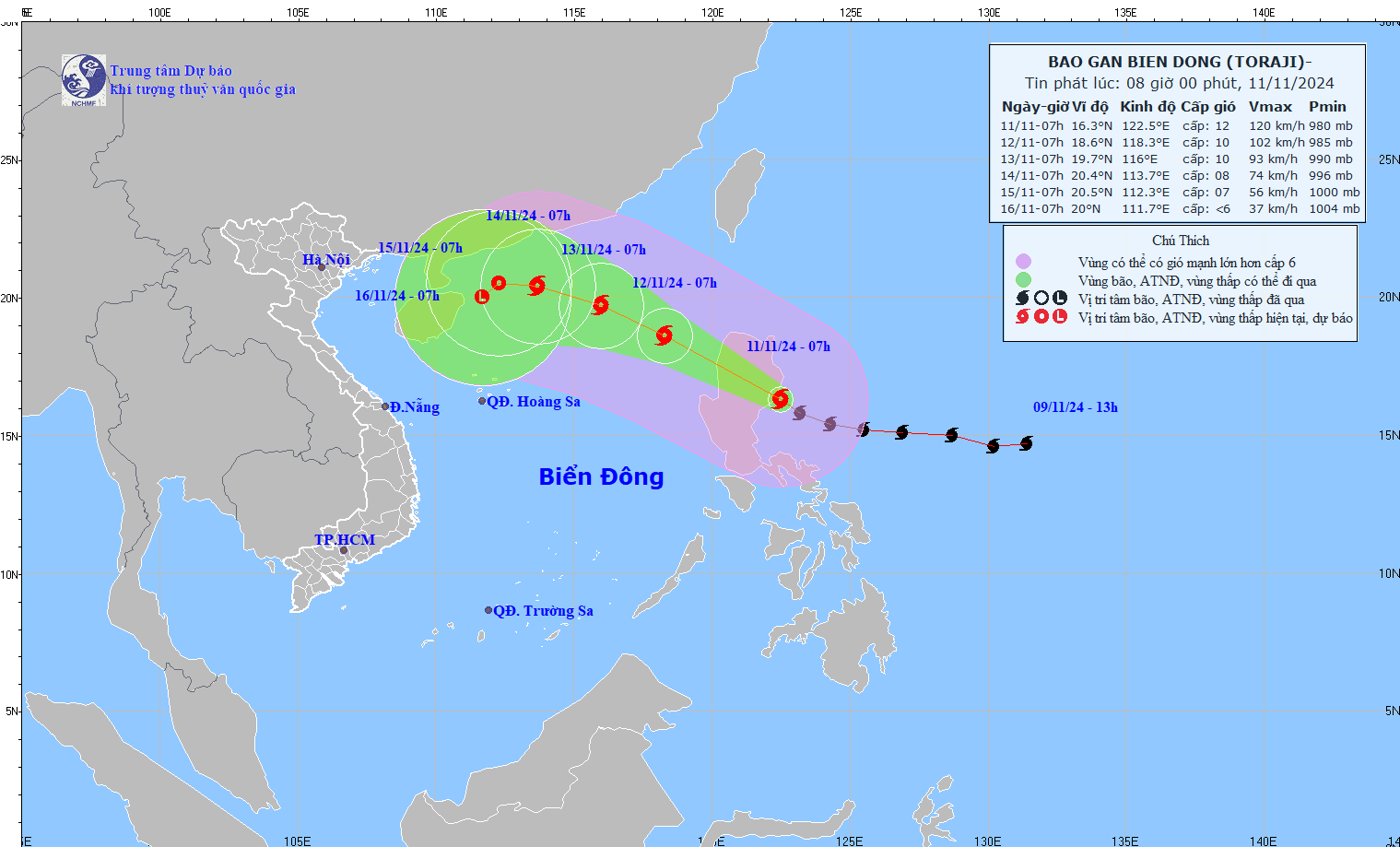 Updated location and path of storm Toraji at 8am on November 11. Photo: National Center for Hydro-Meteorological Forecasting