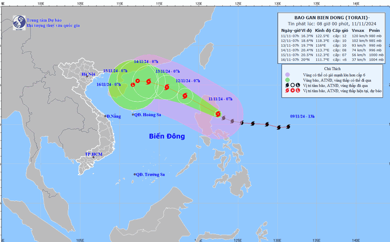 Updated location and path of storm Toraji at 8am on November 11. Photo: National Center for Hydro-Meteorological Forecasting