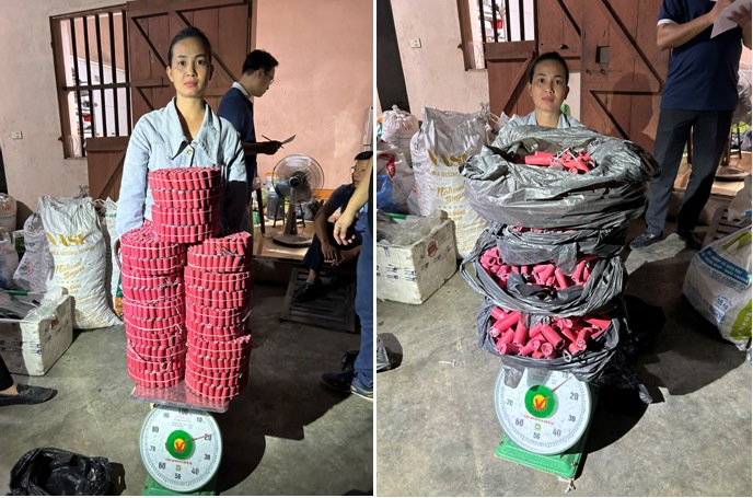Bùi Huyền Trang và hơn 200 kg pháo nổ. Ảnh: Công an TP Hải Phòng